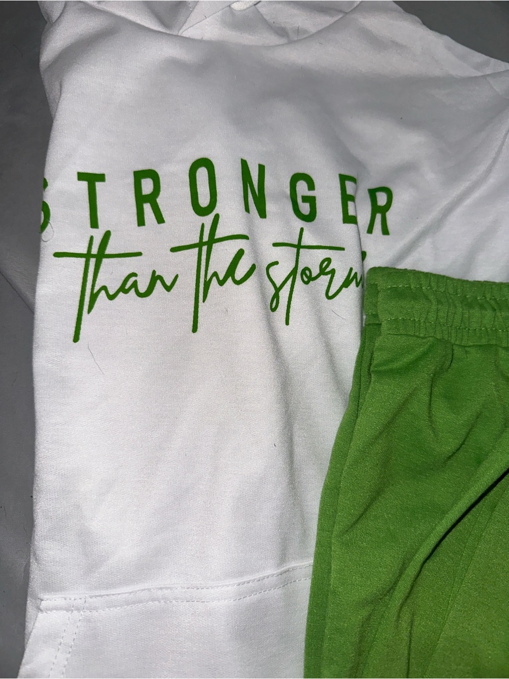 White & Green 'Stronger Than the Storm' Women's Hoodie Set